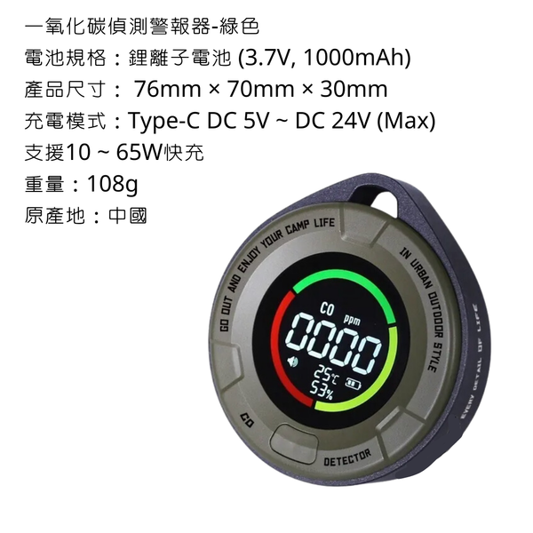 adamoutdoor 一氧化碳偵測警報器 - 綠色