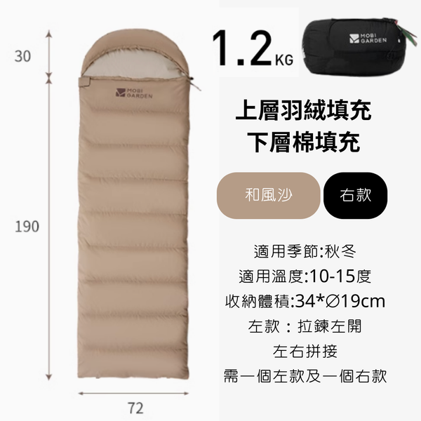 MOBI GARDEN 毛毛蟲睡袋 信封睡袋 春夏款＆秋冬款 - 上層羽絨下層棉 1.2kg / 全沙色 / 右款（拉線右開）