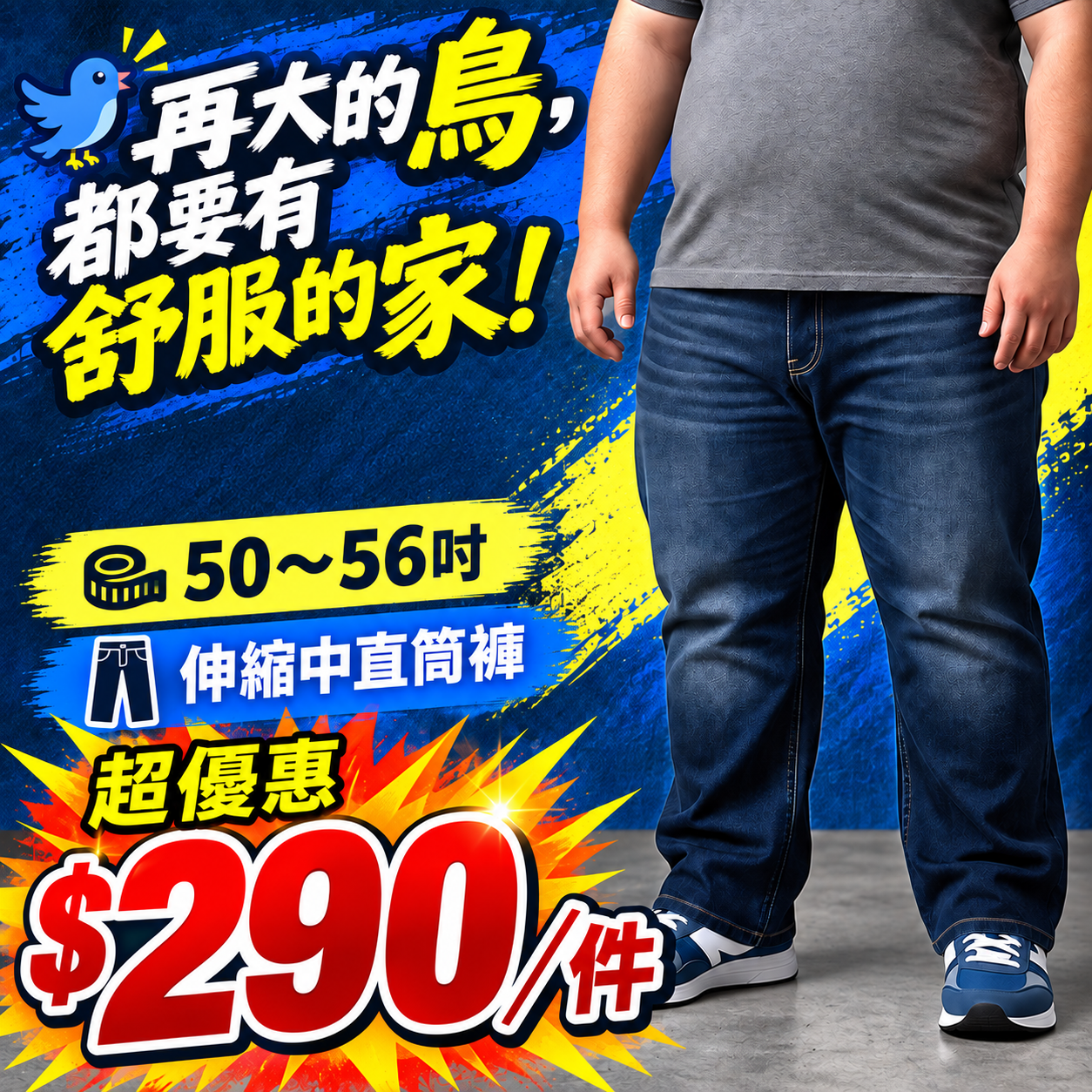 【零碼優惠-恕不退換】超大尺碼-50~56腰-中直筒 刷色 伸縮 彈性 牛仔褲-深藍-84512