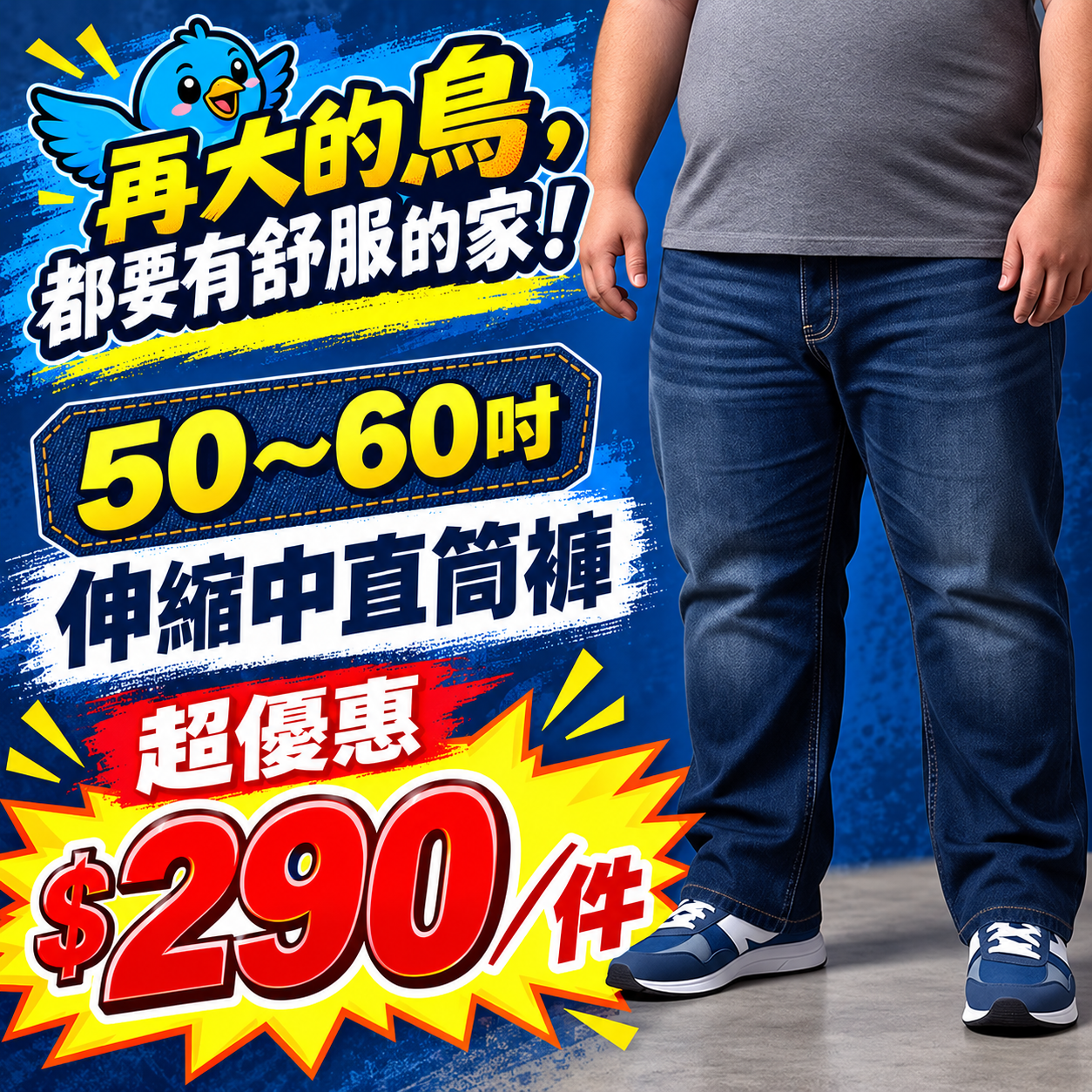 【零碼優惠-恕不退換】超大尺碼-50~60腰-中直筒 刷色 牛仔褲-刷白藍-83516