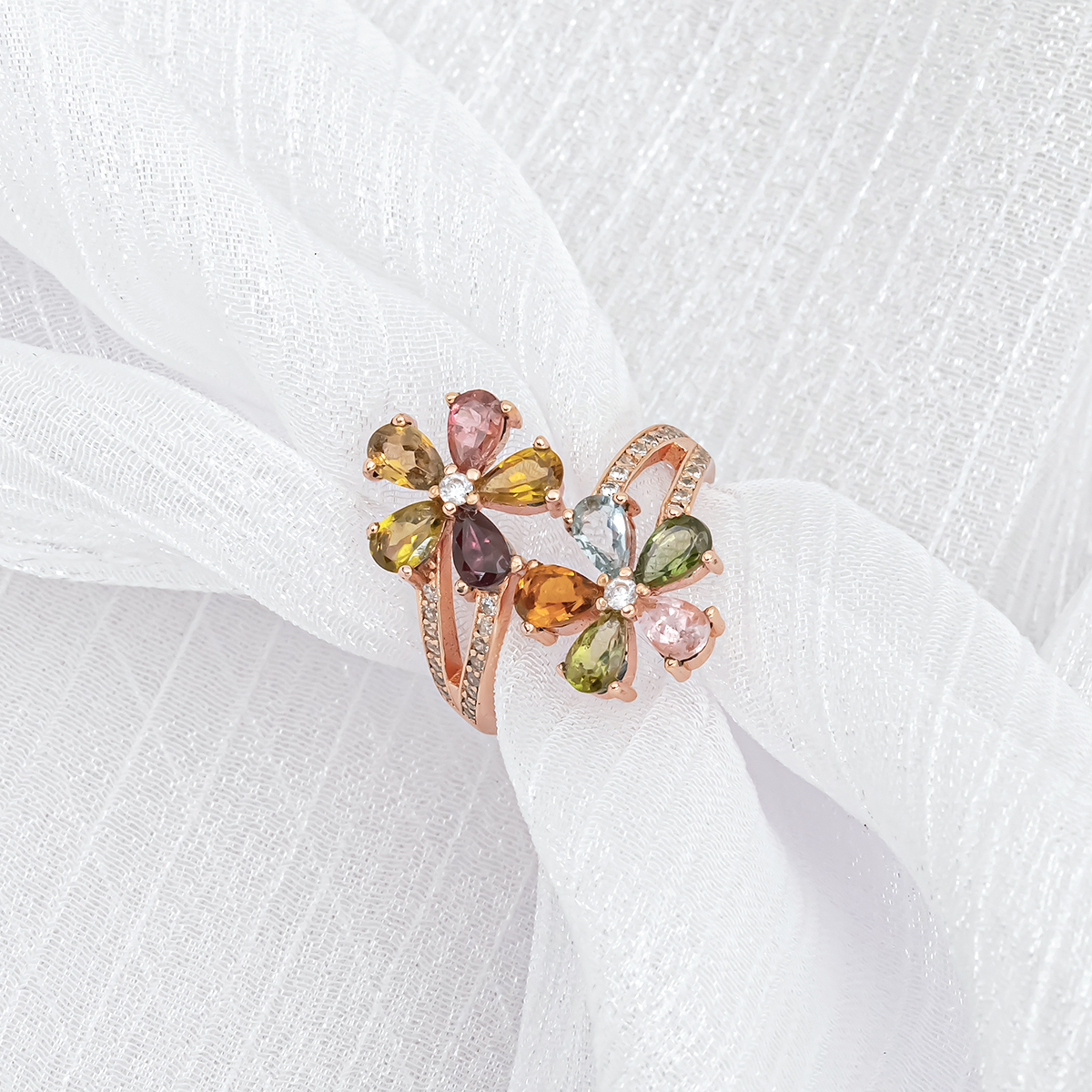 花朵雙線碧璽戒指 | 玫瑰金